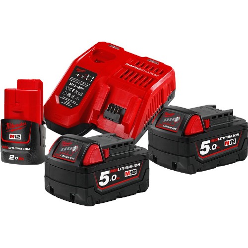 Lader og batteripakke MILWAUKEE 1x 12 V 2,0 Ah/2x18 V 5,0 Ah Li-Ion